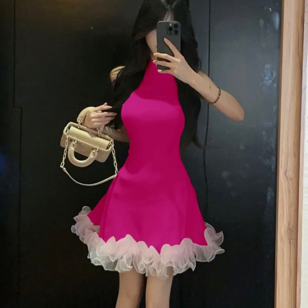 Dinse Barbie Pink Sleeveless Mock Neck Mini A-Line Dress Jfashion K Pop